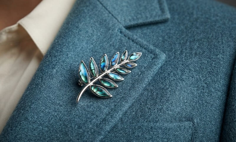 A silver leaf-shaped brooch set with iridescent blue-green stones rests on a textured teal wool coat