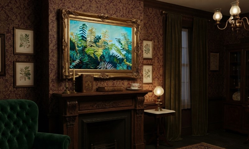 An ornate, dimly lit parlor features a lush tropical painting above a carved fireplace, framed botanical prints