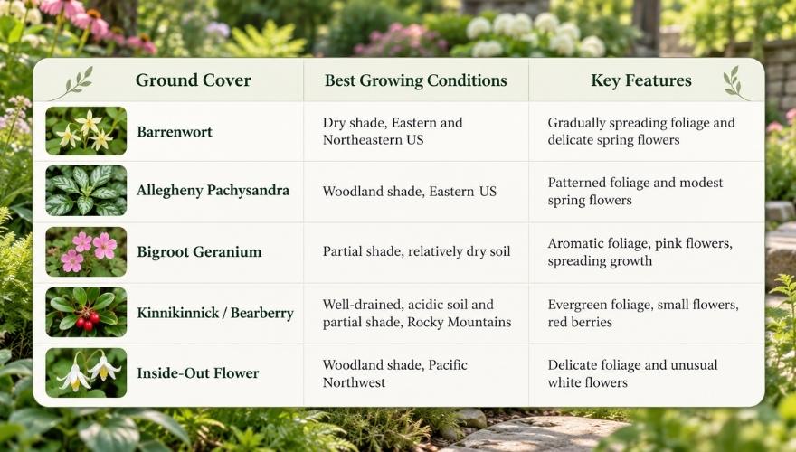 Garden table comparing five ground-cover plants, their growing conditions, and key features.