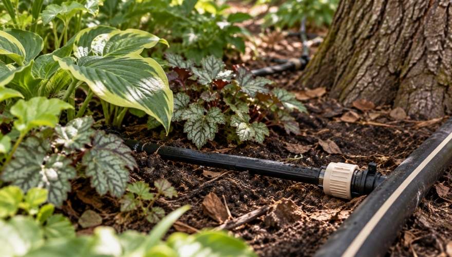 Black drip irrigation tubing with a beige connector running through a shaded garden bed beneath a large tree.