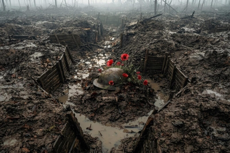 Red poppies surround a lone helmet