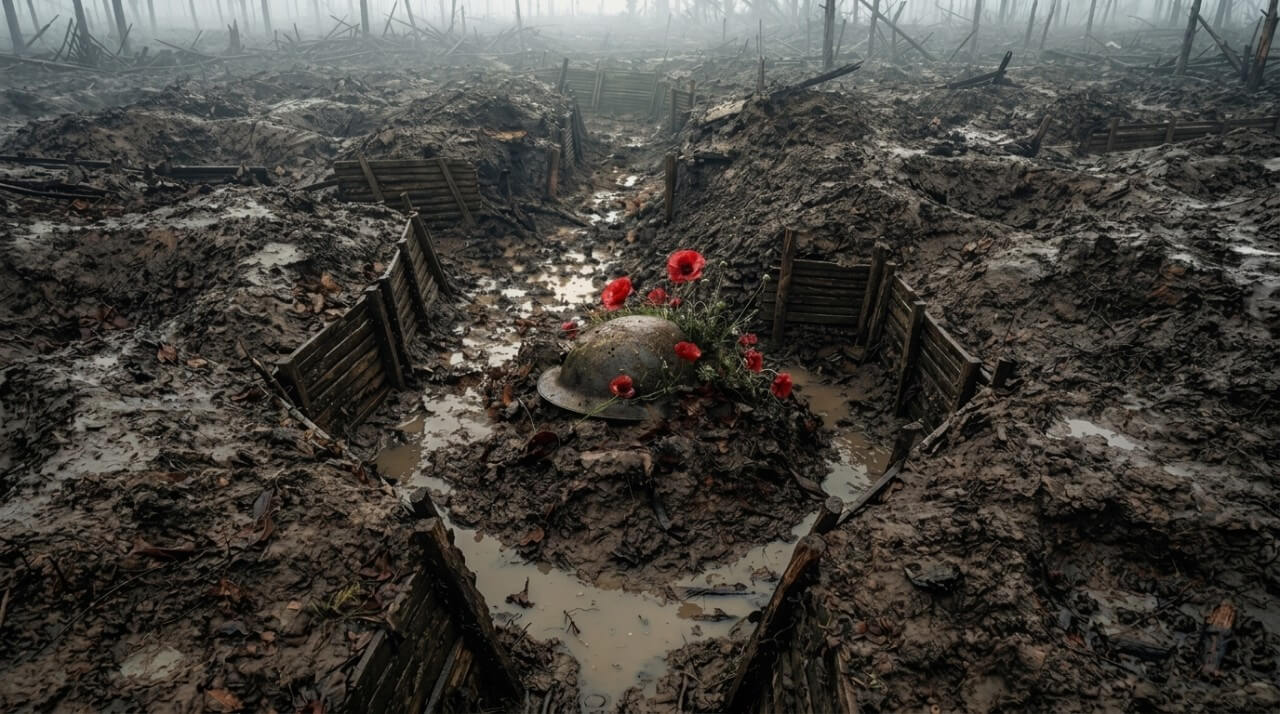 Red poppies surround a lone helmet