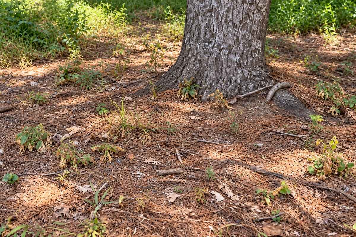 Dry ground beneath a pine tree with exposed roots, pine needles, and sparse struggling ground cover.
