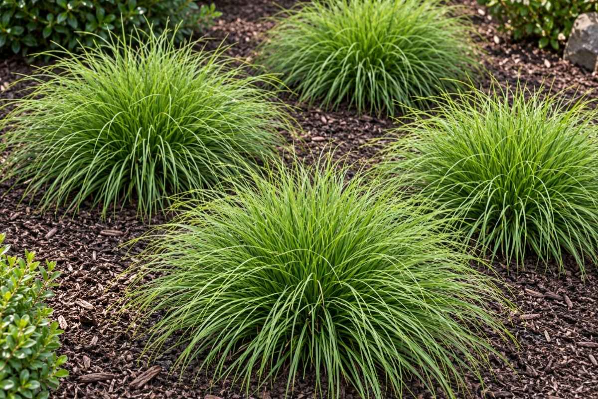Four lush Pennsylvania sedge (Carex pensylvanica) clumps growing in a landscaped garden bed with dark brown mulch.