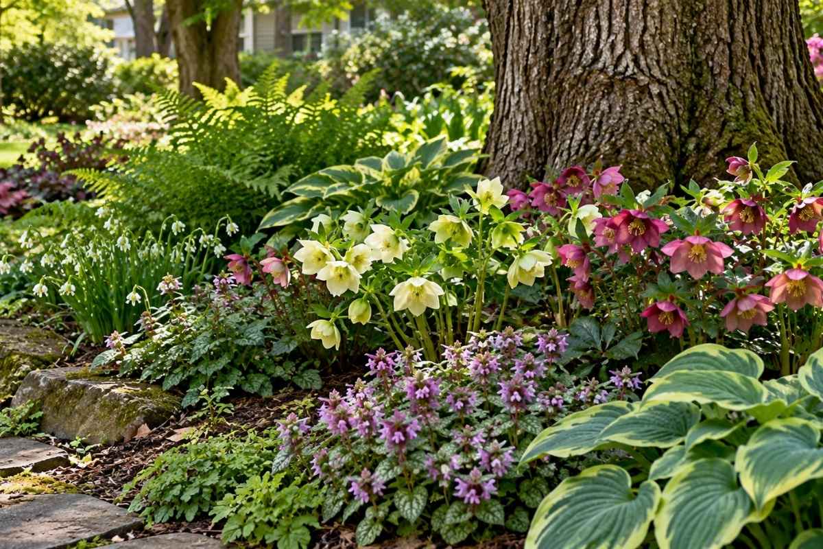 Hellebores, hostas, ferns, and other shade plants growing beneath a large tree in a backyard garden.