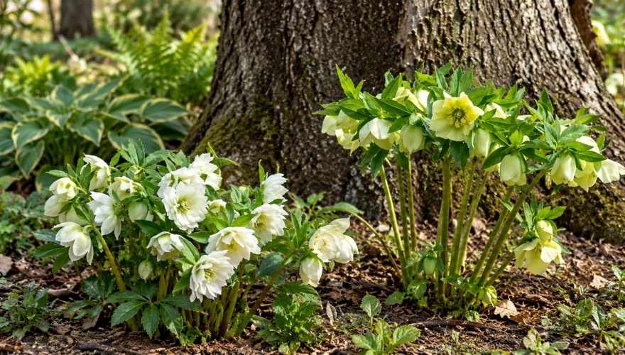 White hellebore flowers growing beneath a large tree in a shaded garden.
