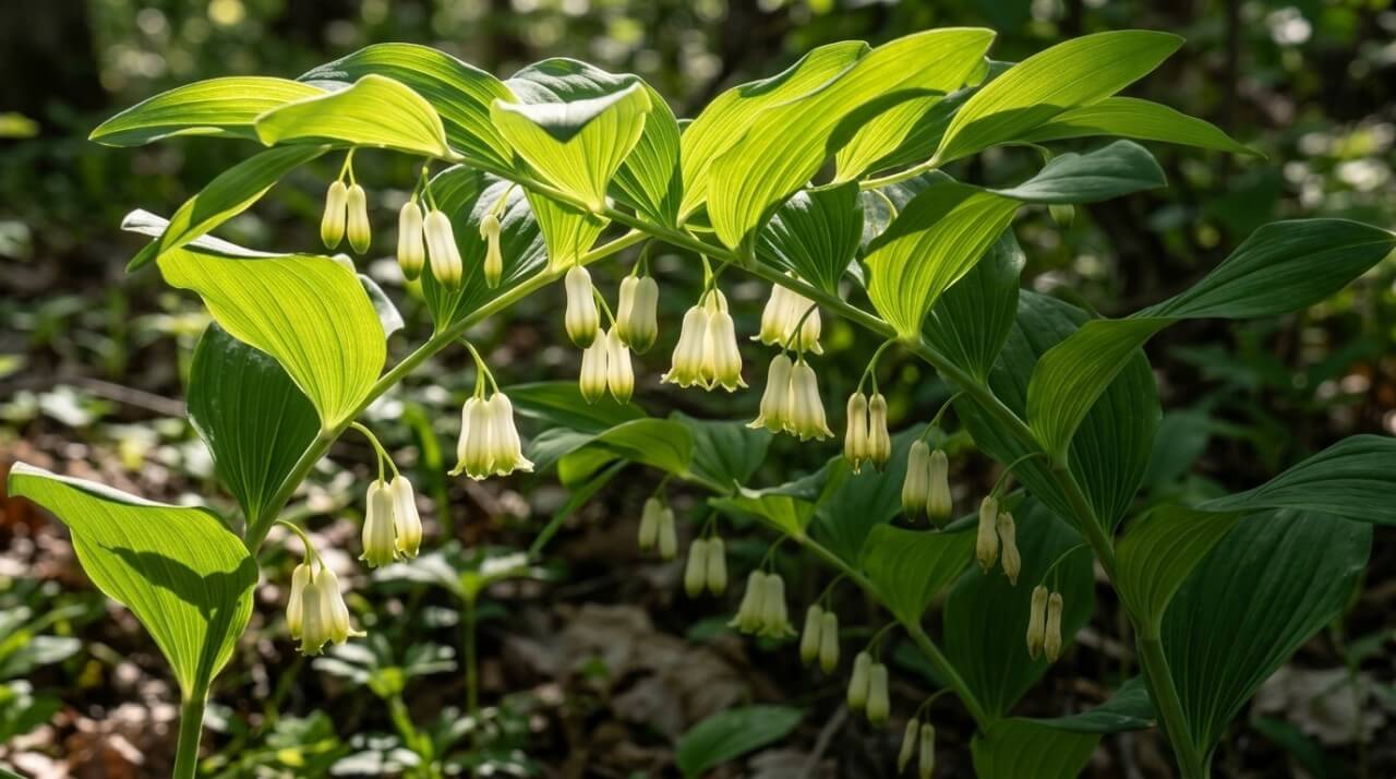 Sunlit Solomon’s seal plants arch over a shaded garden bed