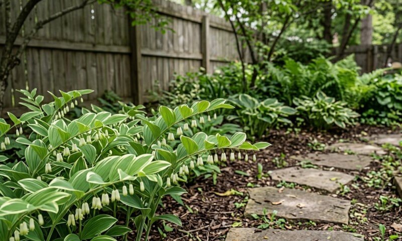 A shaded garden path of irregular stone slabs winds past Solomon’s seal’s