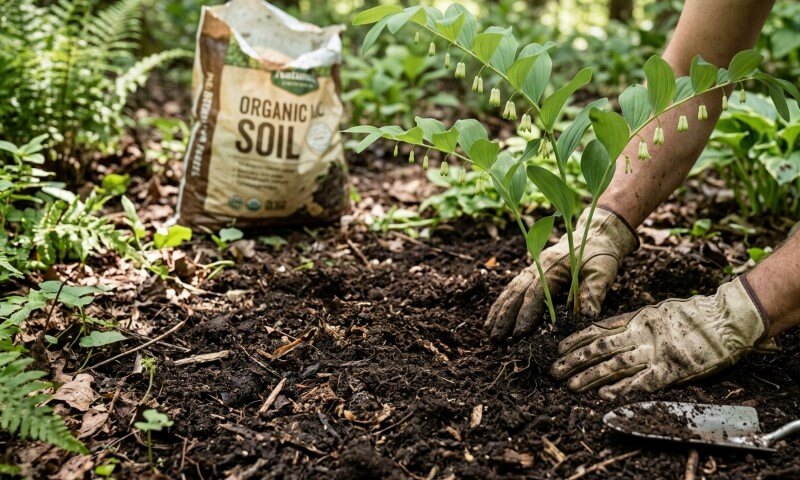 Gloved hands loosen rich soil around young garden plants beside a bag of organic soil