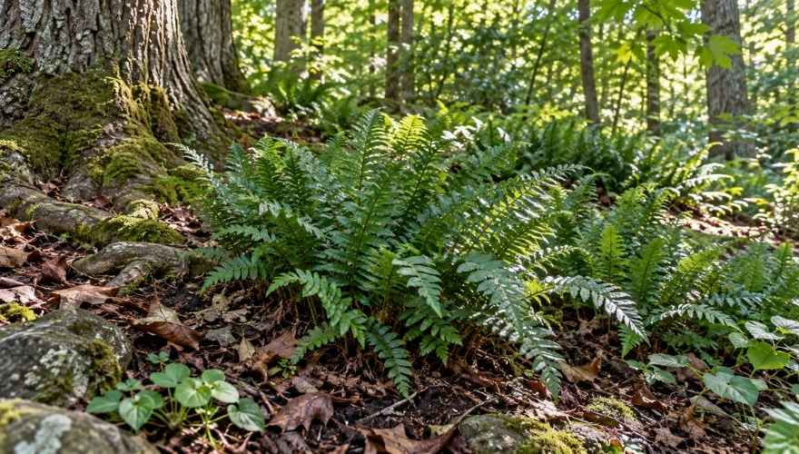 Christmas ferns growing beneath mature trees in a shaded woodland garden with well-drained soil, fallen leaves, and dappled sunlight.