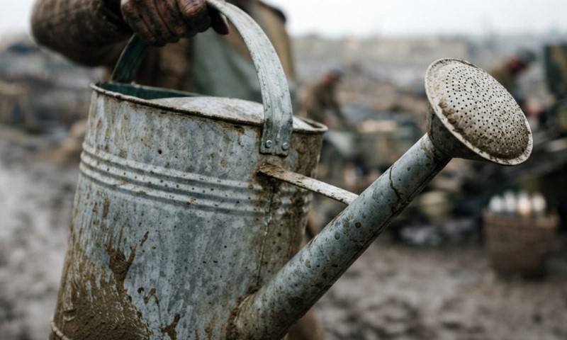 Soldier's hand holds a weathered metal watering can with a long perforated spout