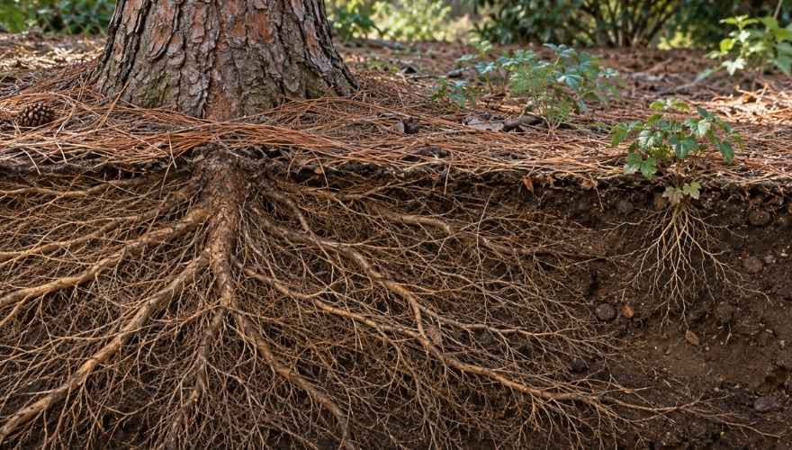 Pine tree roots competing with shallow ground-cover roots for water beneath the soil.