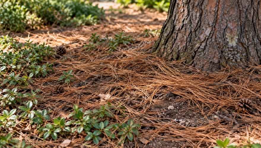 Pine needles covering the soil beneath a pine tree with sparse ground cover growing nearby.
