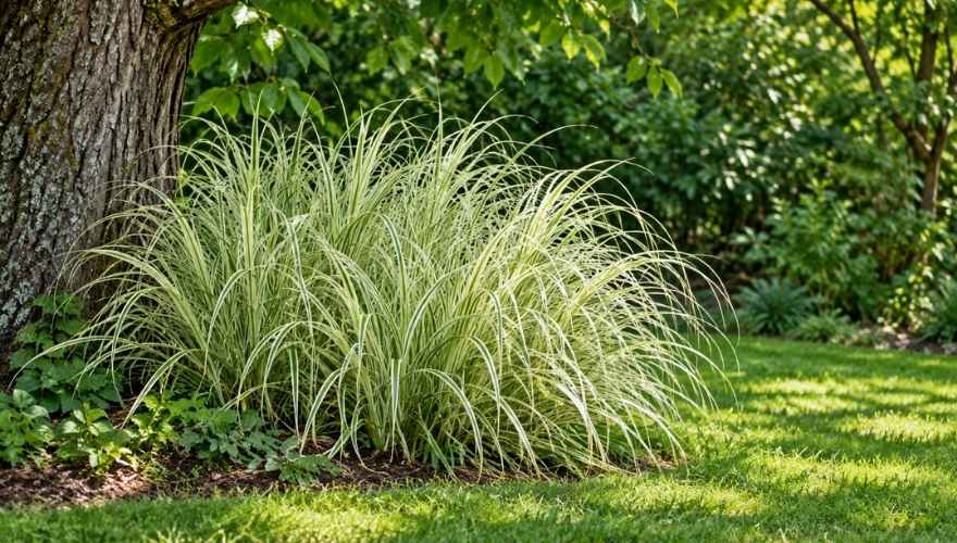 Variegated ornamental grass growing beneath a mature tree in a green garden.