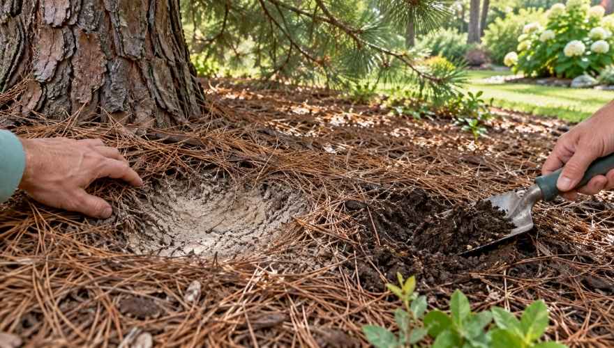 Comparing dry and moist soil beneath a pine tree using a hand trowel.
